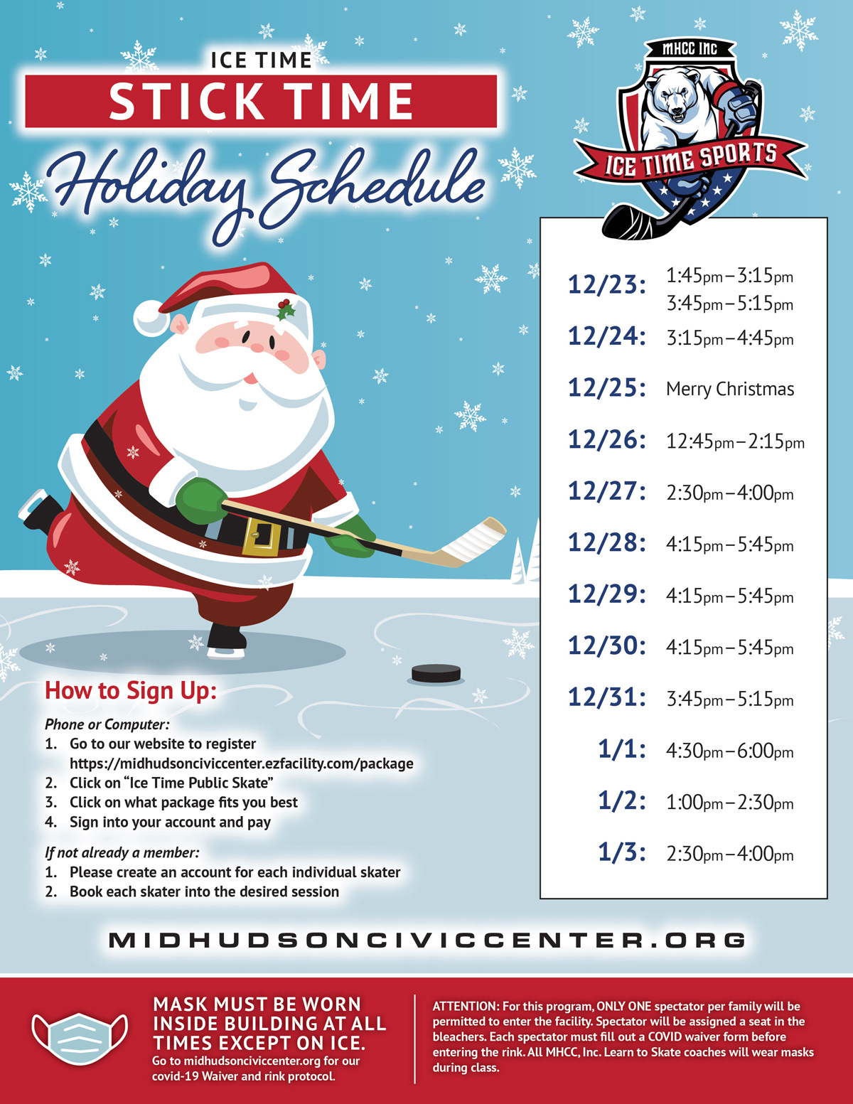 Ice Time Stick Time Holiday Schedule