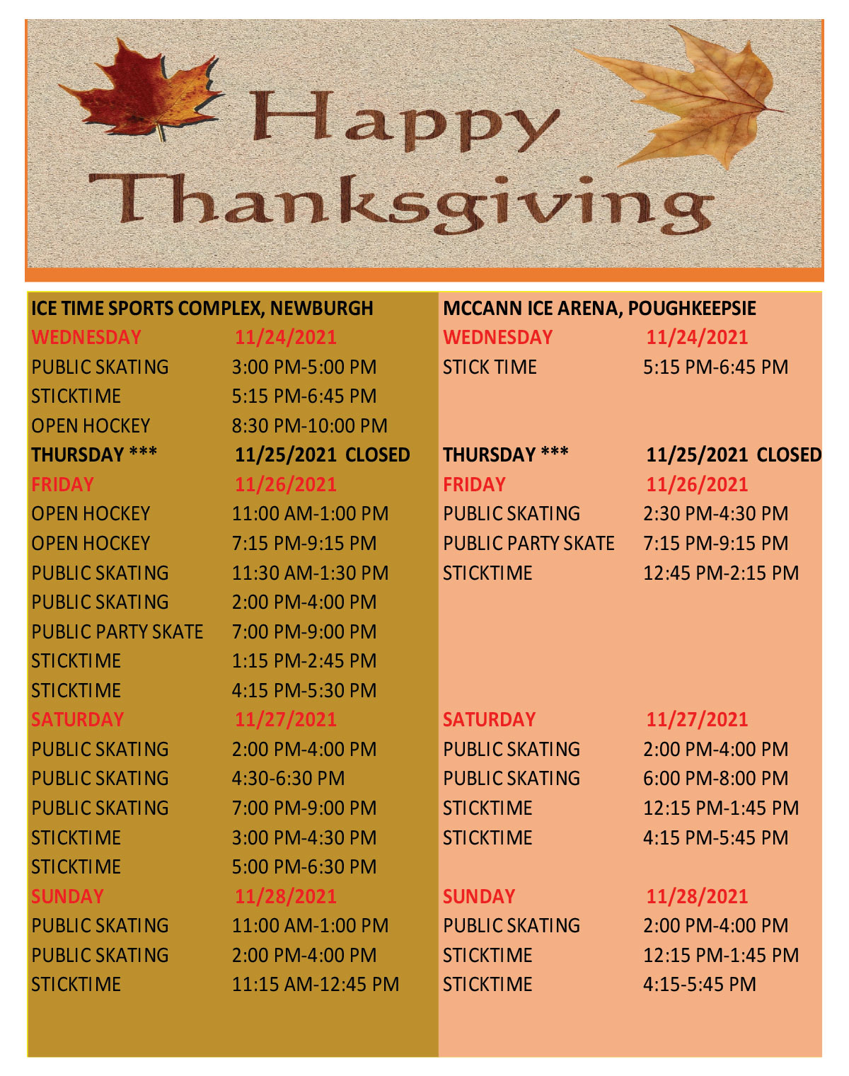 Thanksgiving Week Schedule